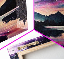 Load image into Gallery viewer, Beautiful lake at night canvas print, purple and pink sunset night sky, wall art canvas, lake front view, guest room wall art
