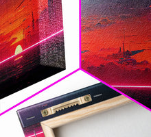 Load image into Gallery viewer, Cyberpunk lake art, city canvas, video game concept art, living room wall art, dystopian art, outrun city at sunset, man cave canvas print