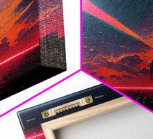Load image into Gallery viewer, Cyberpunk lake art, city canvas, video game concept art, living room wall art, dystopian art, outrun city at sunset, man cave canvas print