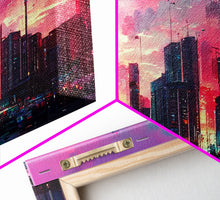 Load image into Gallery viewer, Cyber punk city skyline canvas print, outrun sunset, synthwave, vapor wave, dystopian city at sun set, mancave wall art, video game concept