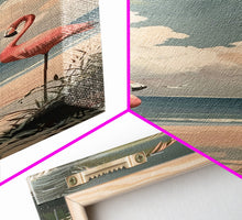 Carregar imagem no visualizador da galeria, Flamingos on Beach, Coastal Art Framed and Printed on Canvas, Modern Beach House Wall Art Print, Housewarming Gift for Her, Beach Print