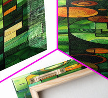 Carregar imagem no visualizador da galeria, Geometric Abstract Art in Green and Yellow Tones - Framed Canvas Print, Midcentury Modern Art, Skinny Art, Tall Art, Living Room Wall Decor, Boho Art