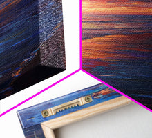 Carregar imagem no visualizador da galeria, Framed Canvas Print of a Colorful Skinny Art Sunset Over the Ocean with a Vibrant Sky Reflecting on the Water in this Tall Coastal Landscape Art