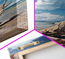 Carregar imagem no visualizador da galeria, Framed Canvas Print Tall Art Featuring a Piece of Driftwood on a Sandy Beach with Bright Blue Sky and Ocean Waves, Ideal Skinny Art for Coastal Homes