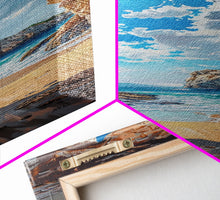 Carregar imagem no visualizador da galeria, Framed Canvas Print Skinny Art of a Sunlit Beach Scene Framed by Rocky Cliffs, Overlooking a Crystal Blue Sea Under a Clear Sky, Perfect Tall Coastal Art