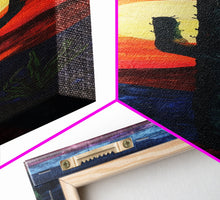 Load image into Gallery viewer, Desert Landscape with Saguaro Cactus Silhouette Against a Fiery Sunset on a Framed Canvas Print Skinny Art Piece