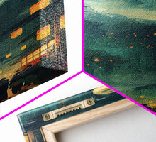 Carregar imagem no visualizador da galeria, Framed Canvas Print Of A Nighttime Japanese Festival Scene With Lanterns And Pine Trees, Traditional Wall Art Ready To Hang