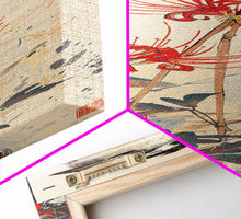 Load image into Gallery viewer, Blossoming Pink Flowers Bold Red Accents Skinny Art Tall Art Framed Canvas Print Japanese Style Art Ukiyo-e Art Wood Block Print Feminine