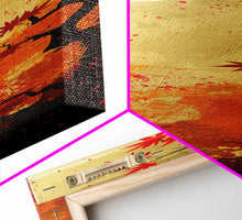 Carregar imagem no visualizador da galeria, Dramatic Red Autumn Leaves Against Golden Sky Depicted Japanese Style Tall Framed Canvas Print Seasonal Wall Art