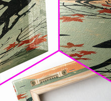 Load image into Gallery viewer, Black Crows Japanese Art Skinny Wall Art Framed Canvas Print on Branches with Red Maple Leaves Against Warm Orange Sun