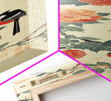 Load image into Gallery viewer, Bird Among Camellia Flowers On Light Background Skinny Art Ukiyo-e Wood Block Print Framed Canvas Print