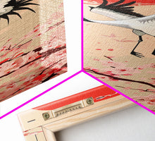 Load image into Gallery viewer, Elegant Crane Bird In Mid-flight Against Bold Red Sun Ukiyo-e Tall Skinny Wood Block Framed Canvas Print Japanese Style Art