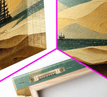 Load image into Gallery viewer, Art deco canvas print, pirate ship at sea beyond the sand dunes, living room wall art
