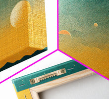 Load image into Gallery viewer, Art deco light house at sunset canvas print, sunset, vintage 20s style wall art, 30s style wall art, orange and turquoise sunset art