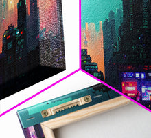 Load image into Gallery viewer, cyberpunk city pixel art canvas print, wall art, Bladerunner vibes art, synthwave style art, cool wall art