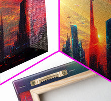 Load image into Gallery viewer, Dystopian Cyberpunk canvas print, cyber punk city at sunset, Bladerunner vibes art, synthwave style art, cool wall art, night city