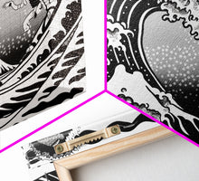 Load image into Gallery viewer, Beautiful Black and White Ocean Wave Wall art, Framed Canvas Print, Retro Japanese Inspired Hokusai Style Wave Art