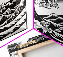 Load image into Gallery viewer, Black and White Wave Canvas Print, Hokusai Inspired Wall Art, Woodblock Print Style, Wall Art, Vintage Style Wall Art