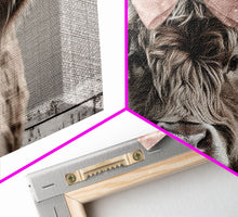 Carregar imagem no visualizador da galeria, Framed Canvas Print, Cute Highland Cow Wearing A Pink Bowtie, Framed Wall Decor, Rustic Minimalist Farmhouse Decor, Western Art