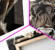 Carregar imagem no visualizador da galeria, Framed Highland Cow With Flowers Painting canvas print Farmhouse art Cattle Wooden background Country wall art Cow print Rustic Wall Art