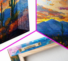 Carregar imagem no visualizador da galeria, Cactus Under A Beautiful Sunset, Pop Art Style, Mid Century Modern Framed Canvas Print or Metal Art, Desert Scene Wall Art, Abstract Desert