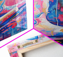 Load image into Gallery viewer, Blue and Pink Cowboy Boots with Floral Background - Framed Canvas Print, Rustic Western Wall Art, Vibrant Boot Art for Home Decor