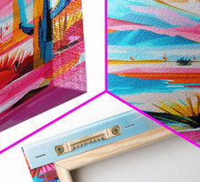 Load image into Gallery viewer, Colorful Mission Style Church Illustration - Framed Canvas Print, Vibrant Church Art, Living Room Decor, Architectural Wall Art