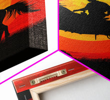 Load image into Gallery viewer, Cowboy on Horse with Dramatic Sunset Background | Framed Canvas Print | Western Silhouette Art | Sunset Cowboy Wall Art for Bedroom