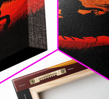 Carregar imagem no visualizador da galeria, Action Cowboy Silhouette on Horse at Sunset | Framed Canvas Print | Western Wall Art | Dramatic Cowboy Wall Art for Home Decor