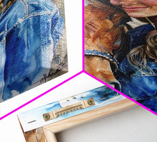 Load image into Gallery viewer, Cowgirl with Horse in Denim Outfit - Framed Canvas Print, Western Wall Art, Rustic Decor, Living Room and Bedroom Art Print