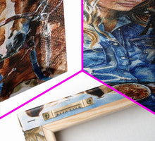 Load image into Gallery viewer, Cowgirl Preparing Horse for Ride - Framed Canvas Print, Western Wall Art, Rustic Decor, Living Room and Bedroom Art Print