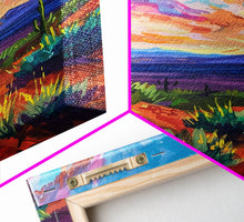 Carregar imagem no visualizador da galeria, Framed Canvas Print, Cacti and Mountains at Sunset Wall Art, Vibrant Southwest Decor for Living Room or Bedroom, Nature Art Decoration Piece