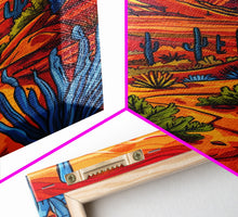 Carregar imagem no visualizador da galeria, Framed Canvas Print, Vibrant Desert Scene with Cacti and Mesas, Perfect Southwest Wall Art for Living Room or Bedroom Decor