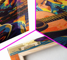 Load image into Gallery viewer, Country Cowboy playing guitar under a colorful sunset, pop art style Framed Canvas Print - music decor, country music art, vibrant wall art