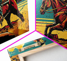 Load image into Gallery viewer, Cowboy Riding Through Desert, Southwestern Landscape Art, Framed Canvas Print, Boho Decor, Desert Art, Rustic Wall Art