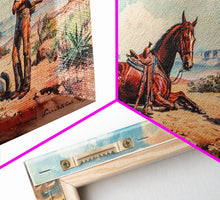 Load image into Gallery viewer, Cowboy and Horse in Desert Landscape, Rustic Farmhouse Art, Framed Canvas Print, Western Decor, Living Room Wall Art, Country Style