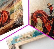 Load image into Gallery viewer, Cowboy Comforting Horse in Open Plains, Farmhouse Western Decor, Framed Canvas Print, Country Living Art, Rustic Wall Art for Home