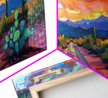 Carregar imagem no visualizador da galeria, Cacti and Mountains Under Sunset Sky, Vibrant Southwestern Landscape Art, Framed Canvas Print, Boho Living Room Decor, Desert Scene