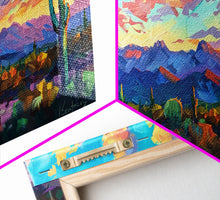 Load image into Gallery viewer, Expansive Desert Landscape at Sunset, Colorful Southwestern Art, Framed Canvas Print, Boho Living Room Wall Decor, Desert Scene