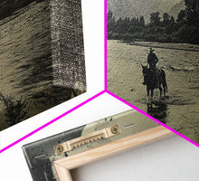 Load image into Gallery viewer, Cowboy Crossing River with Mountains, Framed Canvas Print for Western Living Room Decor, Ideal Bedroom Wall Art, Rustic Scene