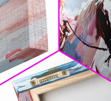 Load image into Gallery viewer, Cowgirl in Pink Shirt Riding Horse by the Sea, Beautiful Framed Canvas Print, Coastal Living Room Art, Beach Bedroom Decor, Horse Art