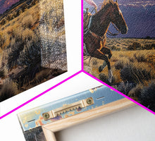 Load image into Gallery viewer, Cowgirl Galloping Across Desert Landscape, Vibrant Framed Canvas Print, Perfect for Living Room Art, Western Bedroom Decor, Desert Wall Art