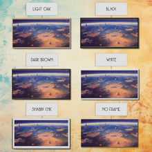 Load image into Gallery viewer, Bird's eye view of a futuristic city-planet, cool scifi art, framed canvas print, ready to hang framed wall art