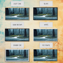 Carregar imagem no visualizador da galeria, Cabin art, snow covered winter forest, winter vacation home art, framed canvas print, ready to hang framed wall art