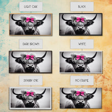 Cargar imagen en el visor de la galería, Cute Highland Cow wearing a Bow, Pink Bow on a Cute Cow, framed canvas print, black and white farmhouse cow art