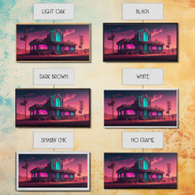 Load image into Gallery viewer, Art Deco Cyberpunk Diner, Wild West Mashup Art, Framed Canvas Print, Neon Art, Wild West Concept Art