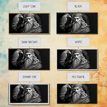 Load image into Gallery viewer, Black and White Portrait of Odin and Muninn, King of The Gods, Framed Canvas Print, Odin's Ravens, Norse Mythology Art