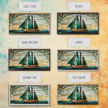 Load image into Gallery viewer, Emerald Green and Gold Art Deco Sail Boat, Framed Canvas Print, Retro MCM Style Wall Art, Midcentury Modern, Stained Glass, Huge Art