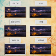Carregar imagem no visualizador da galeria, Full moon canvas print, Lightning storm over a mountain lake at night, cool wall art, awesome wall art