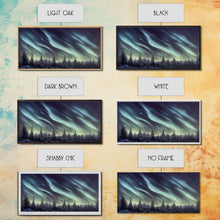 Load image into Gallery viewer, Aurora borealis over a snowy northern forest, canvas print, scenic winter landscape art, northern lights